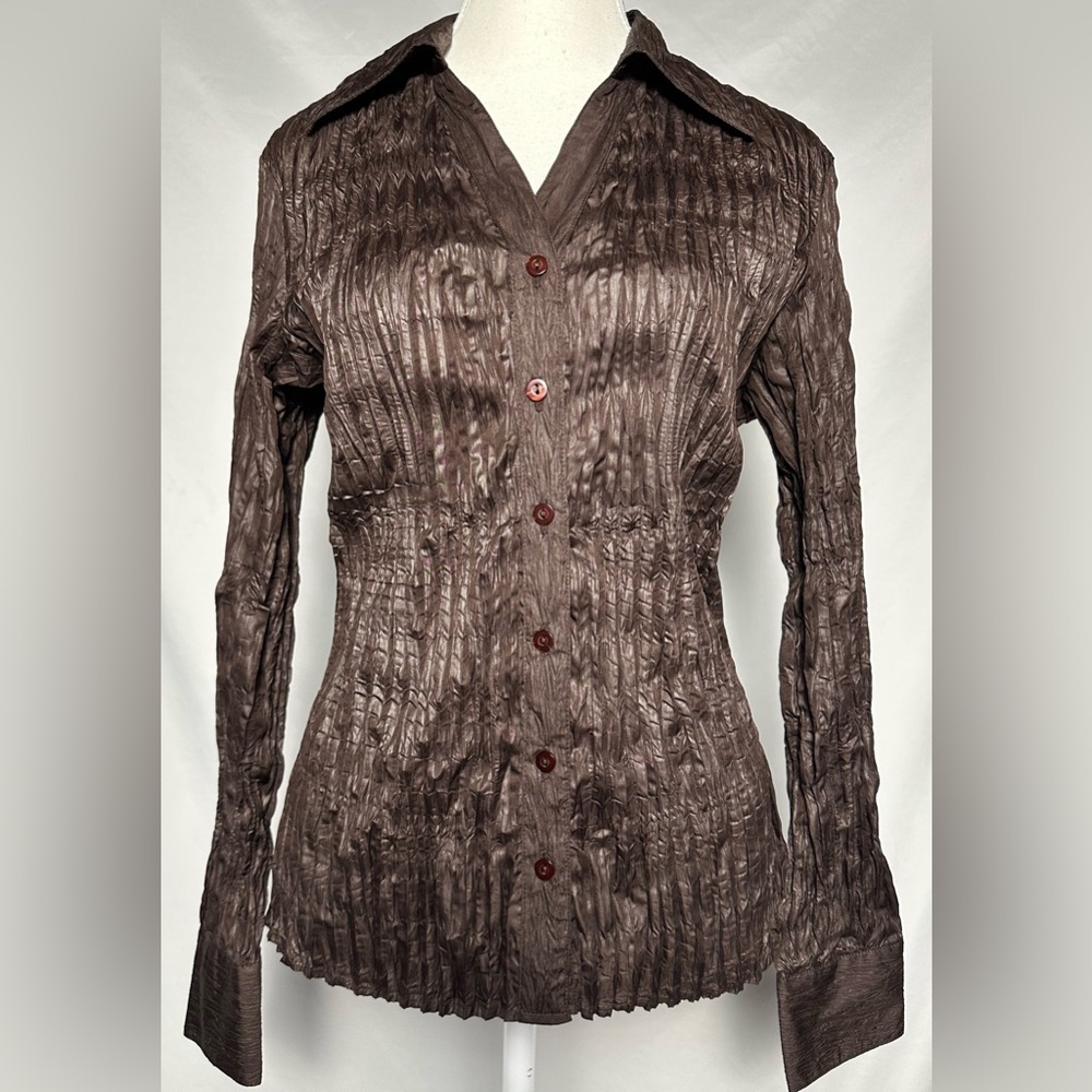 JESSICA Brown Y2K Careerwear Crinkle Siren Feminine Button Down Size M